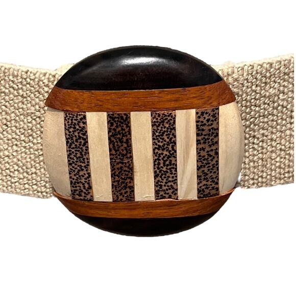 SizeS/M/L? Vintage Womens Woven Belt with Wooden Buckle Beige Striped Elastic